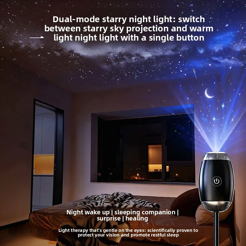 Starry night light projector projecting a starry sky in a bedroom setting.