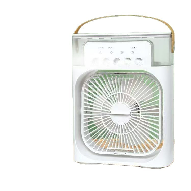 A white portable fan with a clear top cover, a tan carrying handle, and a white front grille, shown on a plain white background.