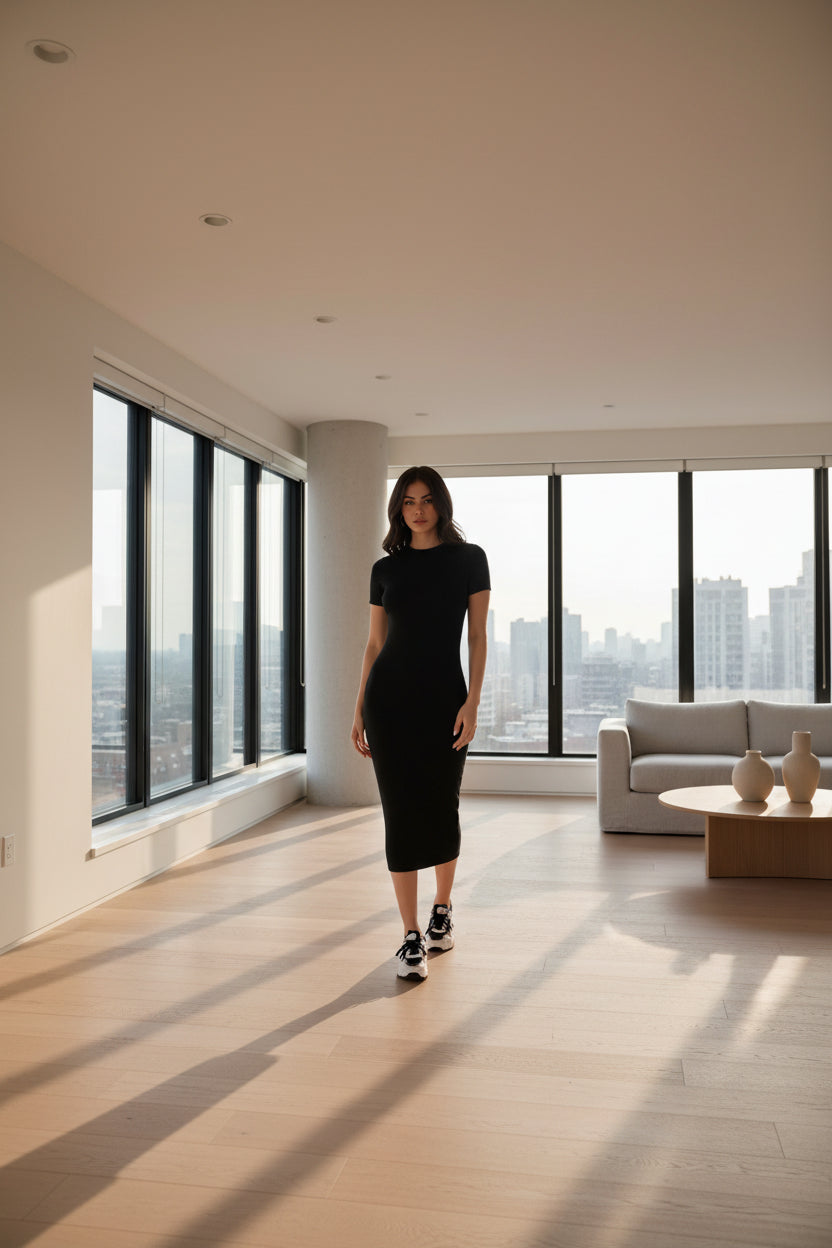 Woman wearing a black dress on a gray background