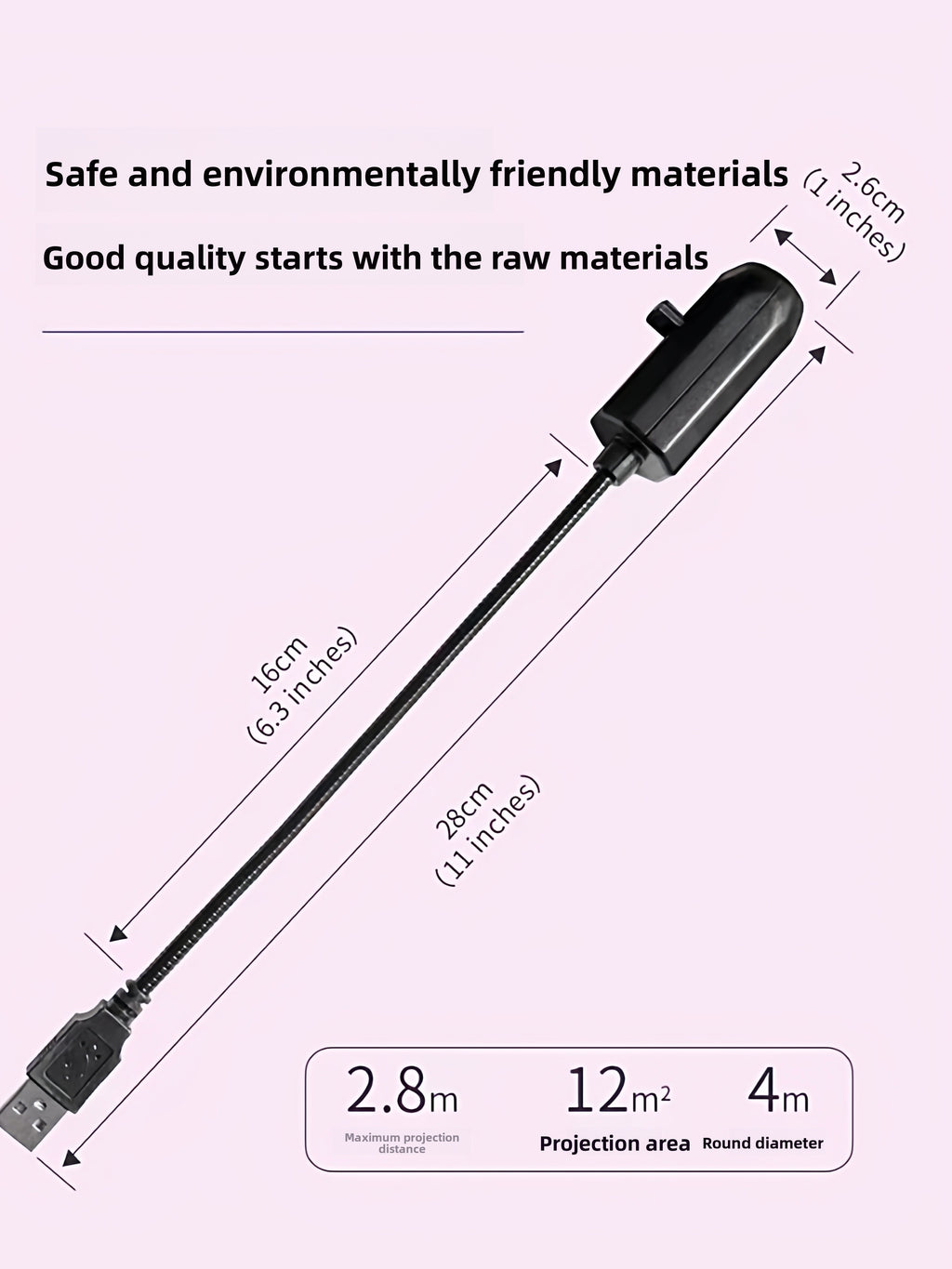 Measurement chart of a USB cable with specifications on a light purple background