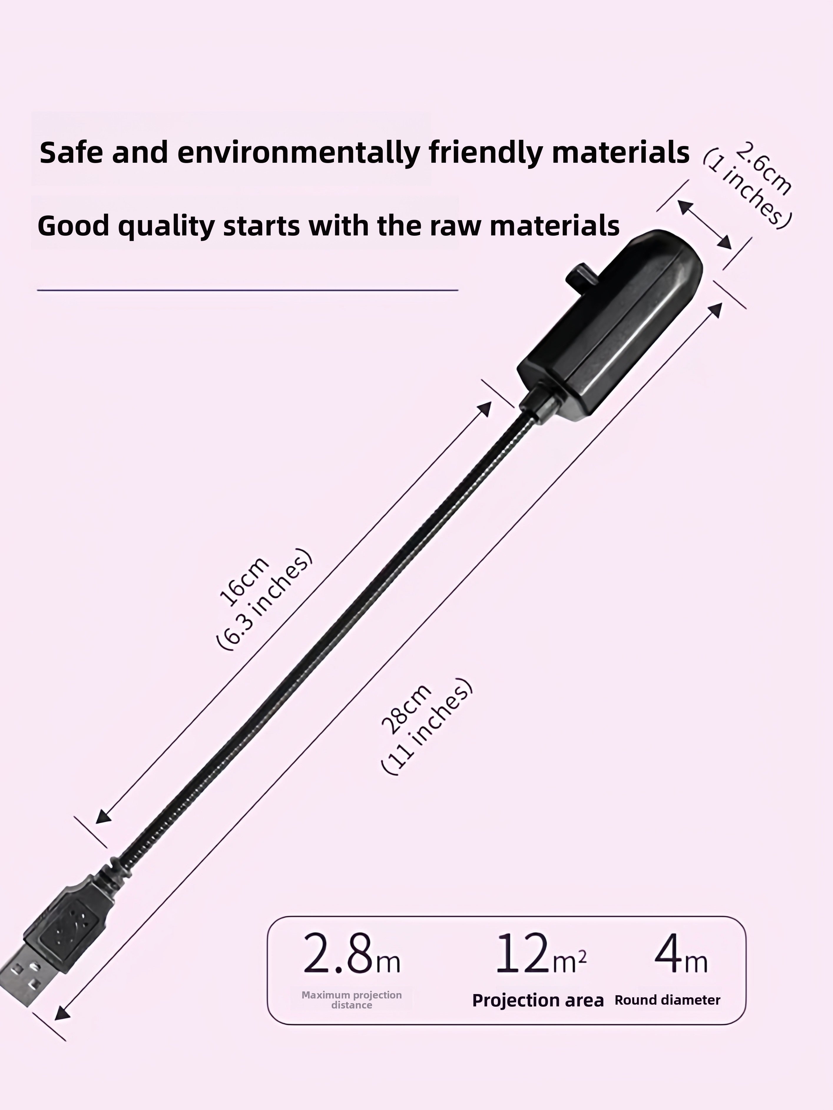 Measurement chart of a USB cable with specifications on a light purple background