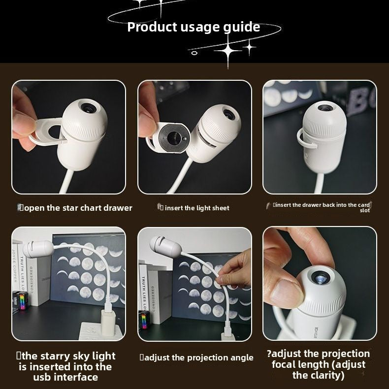 Step-by-step product usage guide for a starry sky light with images and text instructions.