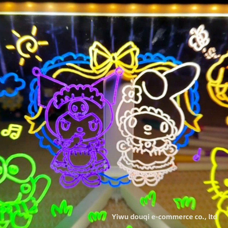 Colorful neon-style drawings of cartoon characters on a reflective surface.