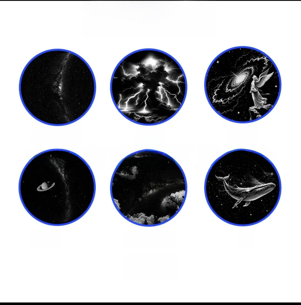 Set of six circular images showing celestial phenomena on a white background
