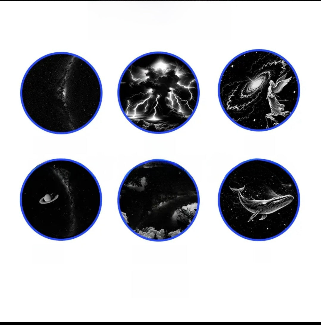 Set of six circular images showing celestial phenomena on a white background