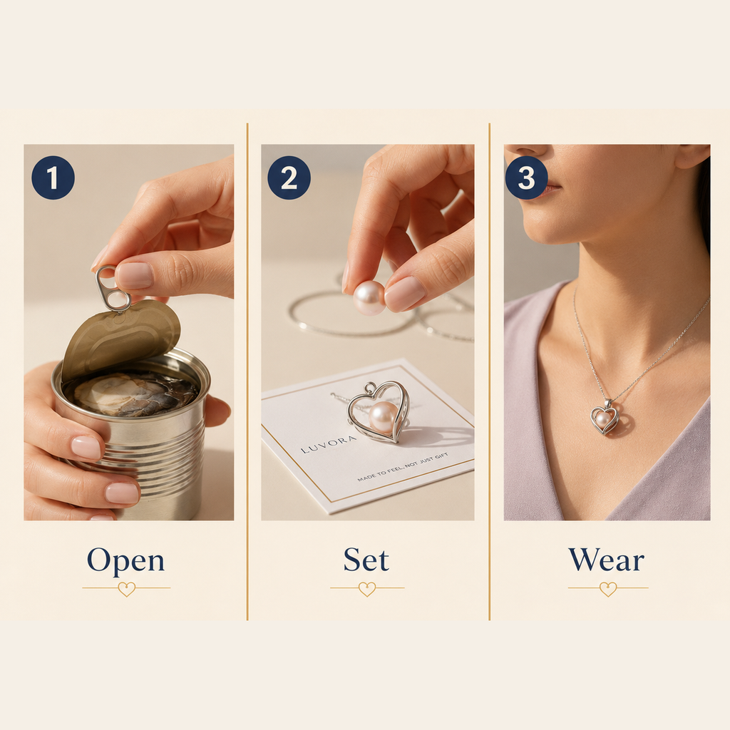 Step-by-step guide on how to open, set, and wear a pearl necklace.
