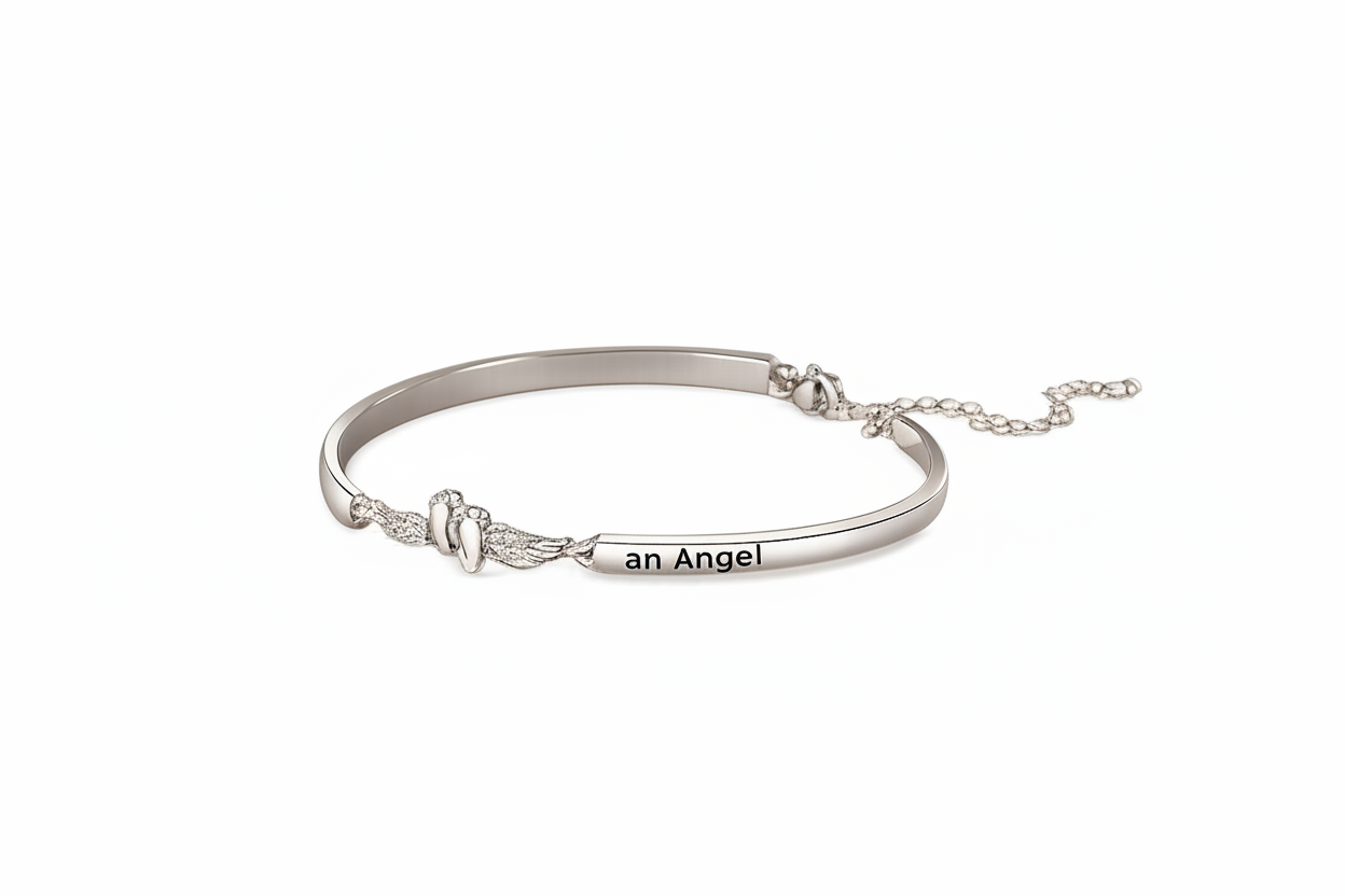 Silver bracelet with angel wing design and 'an Angel' engraving on a white background, branded 'Luwora'.