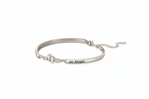 Silver bracelet with angel wing design and 'an Angel' engraving on a white background, branded 'Luwora'.