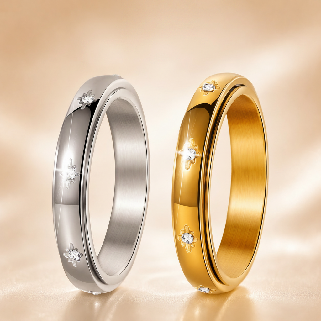 Two wedding rings, one silver and one gold, with 'Luvora' branding on a beige background.